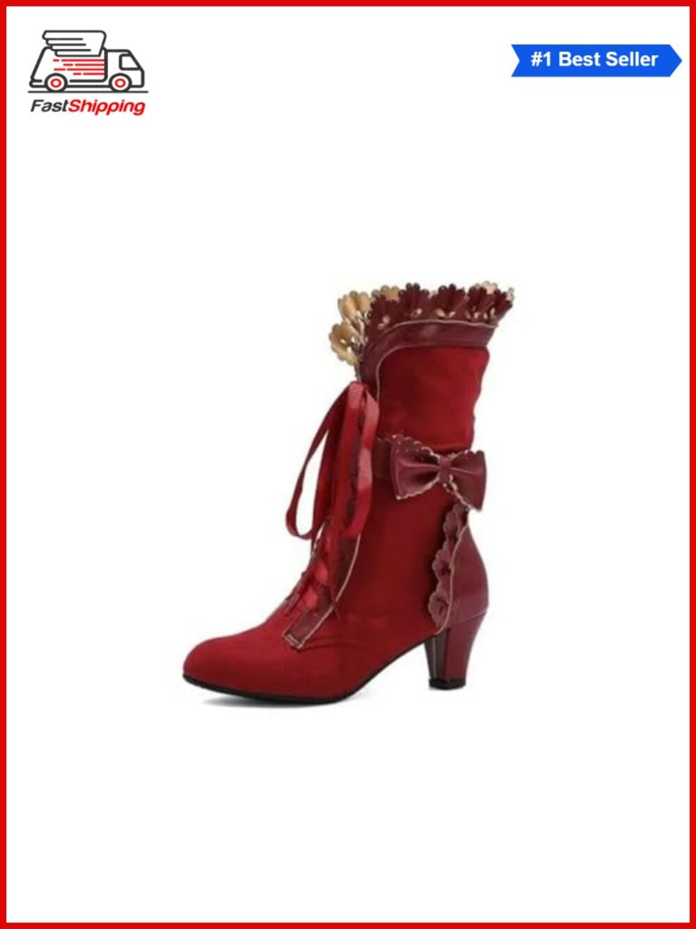 Women Victorian Lace Up Mid-Calf Boots Faux Suede Chunky Heel Cosplay Goth